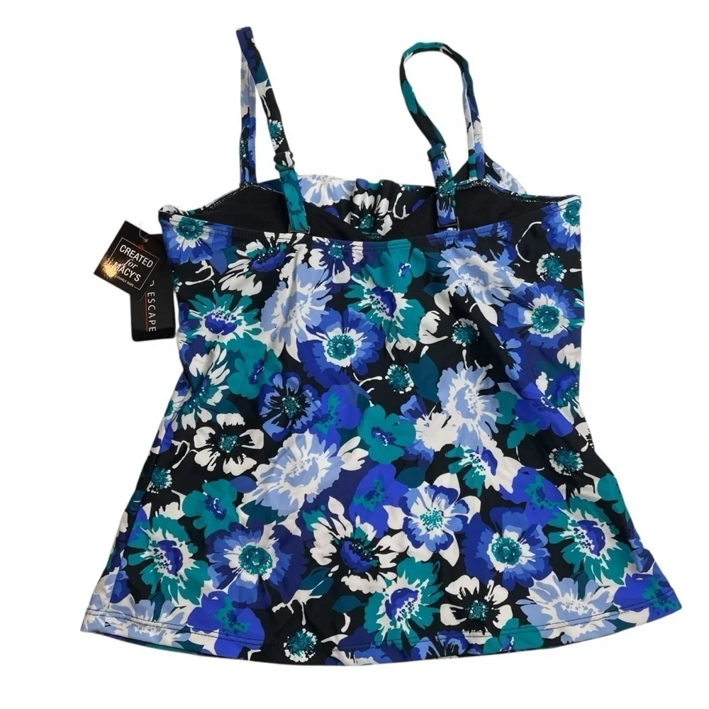 Island Escape Tahiti Ruffled Underwire Tankini Top Blue Floral Size 6 New